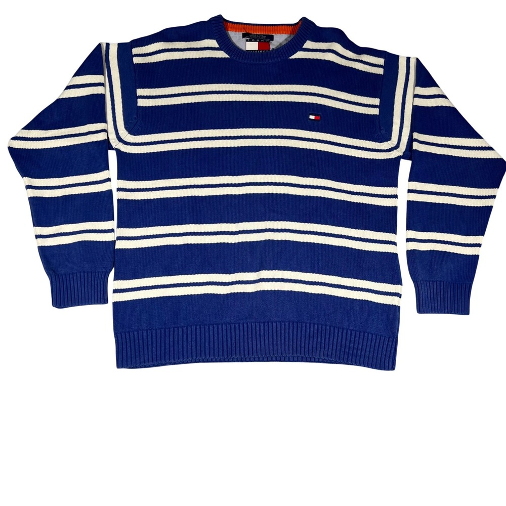 Vintage Tommy Hilfiger Mens Blue White Striped Cotton Knit Crewneck Sweater L‎